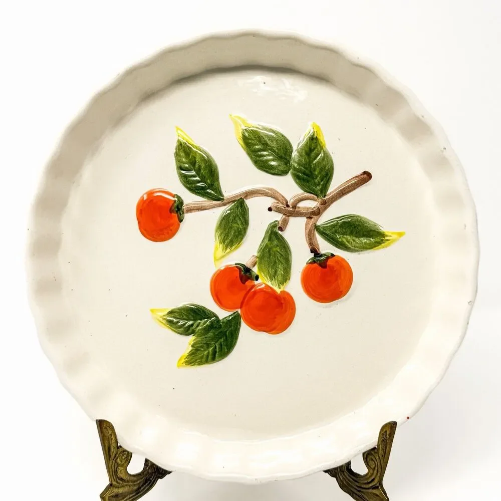 Vintage Hand Painted Pottery Quiche Pie Baking Dish Orange Fruit Scalloped 10”
